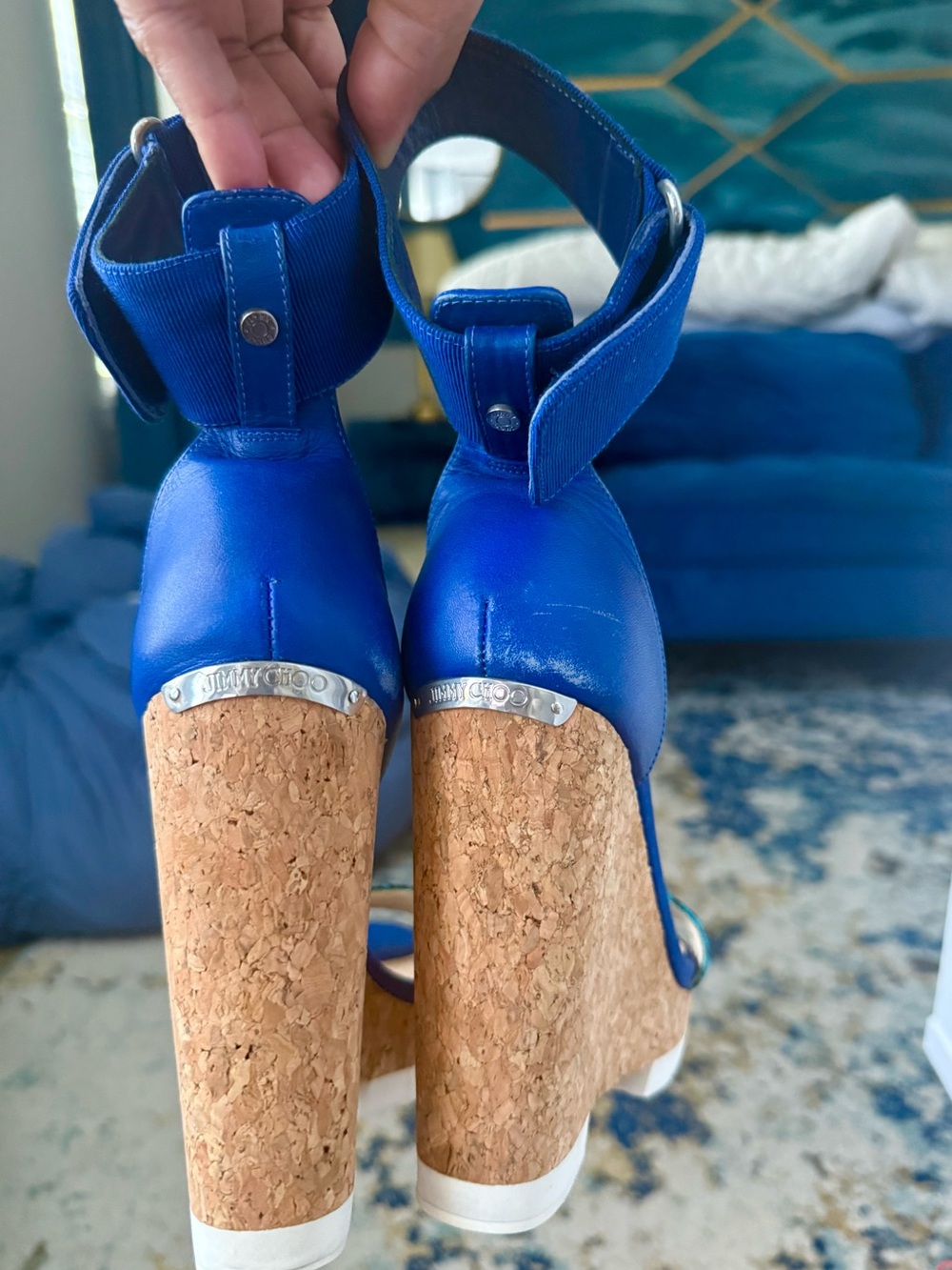 Jimmy Choo Blue Cork Wedge Sandals with Teal Strap - Women - Picture 4 of 4